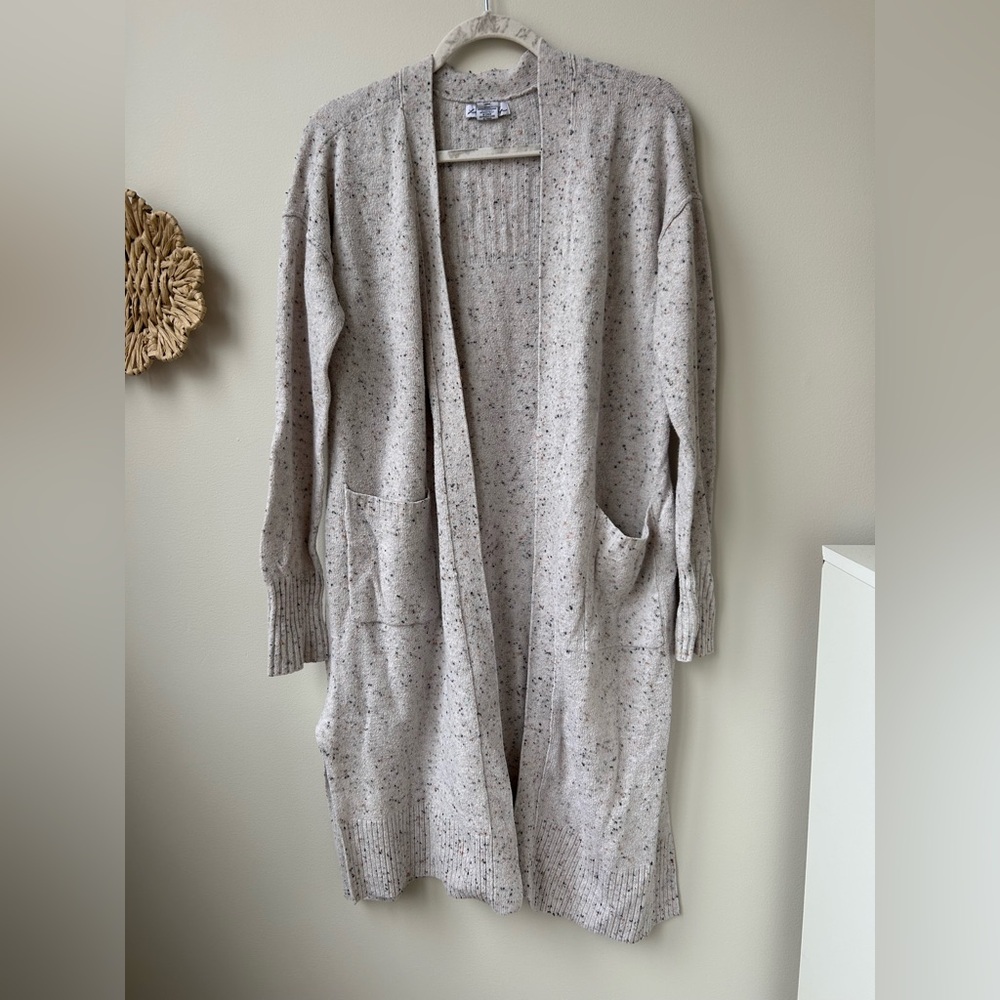 Cozy Long Open-Front Speckled Cardigan Sweater - Neutral Cream